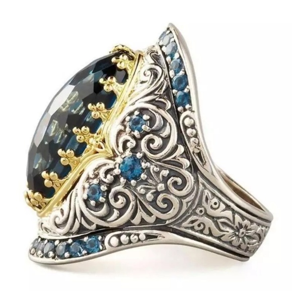 Antique Silver Color Filled Blue Zircon Big Rings - Picture 2 of 4